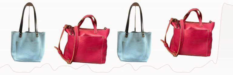 Pink crossbody and blue tote set on graph background